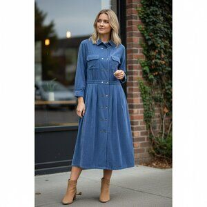 Eddie Bauer Corduroy Midi Dress 18 Long 100% Cotton Stone Blue USA